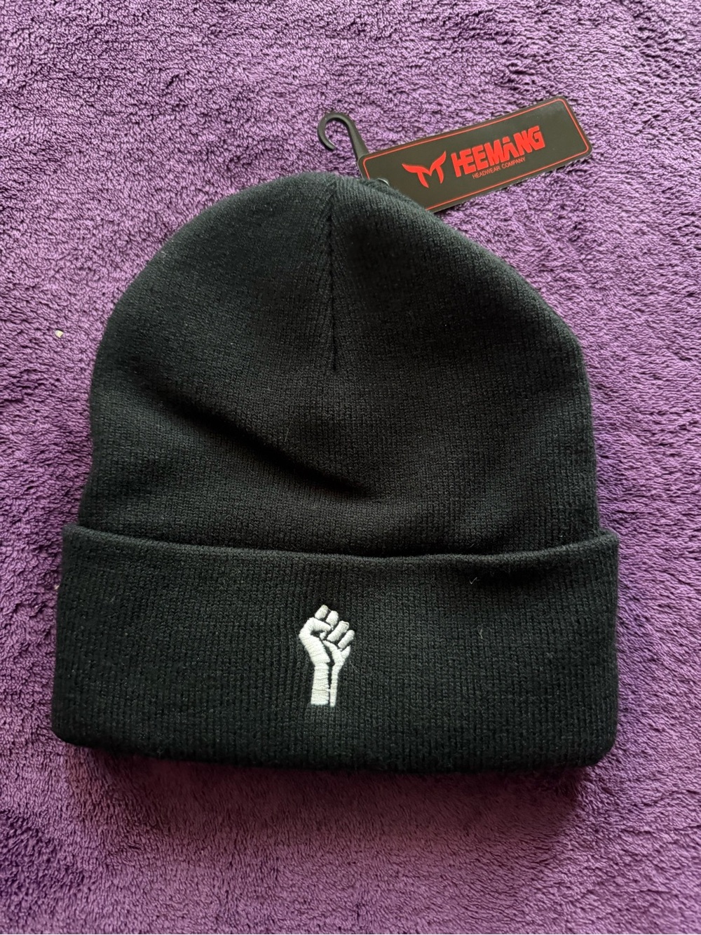 Black Knit Beanie with Raised Fist Embroidery